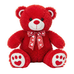 Red plush teddy bear with heart bow isolated on transparent background