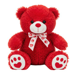 Red plush teddy bear with heart bow isolated on transparent background