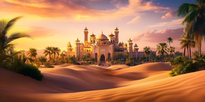 AI image Exotic arabic palace at sunset amidst desert dunes with palm trees offering stunning