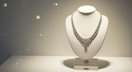 Diamond Necklace on White Mannequin Display in Jewelry Store Window Light