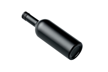 A dark, matte black wine bottle angled