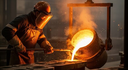 Metalworker Pouring Molten Metal in Foundry.