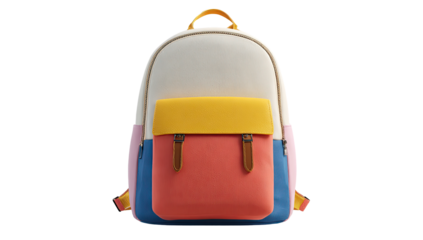 Colorful backpack with three panels of cream, coral, and teal