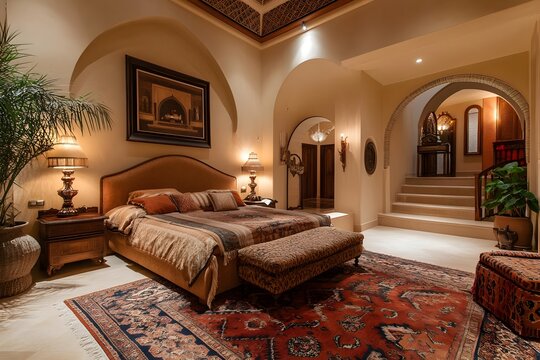 AI image: Opulent bedroom with a warm color palette with arched doorway leading to stairs and