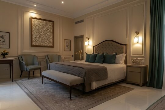 AI image: Exquisite bedroom with tufted headboard in neutral tones showcasing elegance and