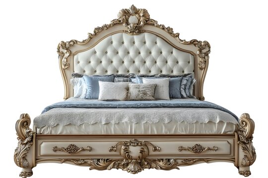 AI image Luxurious bedroom furniture featuring an ornate ivory bed with tufted headboard and gold