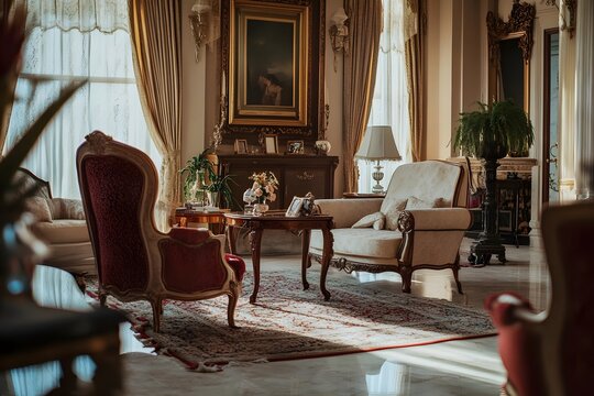 AI image. Luxurious interior showcasing antique armchairs under the gentle light with elegant
