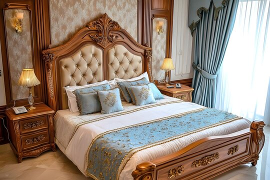 AI image. Luxurious bedroom interior with classic wooden furniture and elegant blue accents for