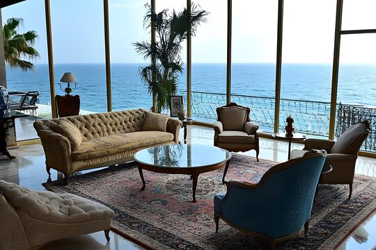 AI image Ocean view living room with classic furniture showcasing luxury lifestyle and scenic