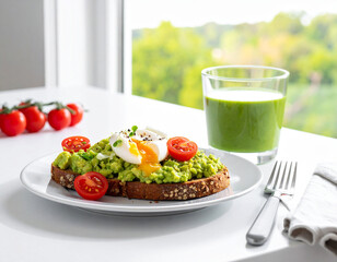 Desayuno saludable con tostadas integrales de aguacate, huevo poché y tomates cherry, acompañado de frutas rojas frescas y smoothie verde en mesa iluminada por la luz natural de la mañana