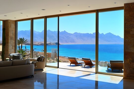 AI image: Luxurious villa interior overlooking serene seascape with mountains under a clear blue sky
