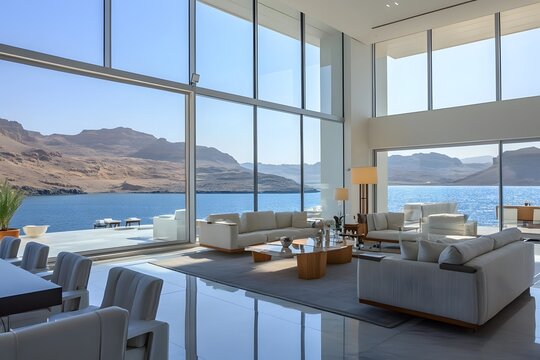 AI image. Modern Luxurious Living Room with Panoramic Water Views, Interior Design featuring