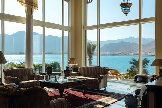 AI image. Luxurious Interior with Ocean View and Mountains, spacious living room, comfortable
