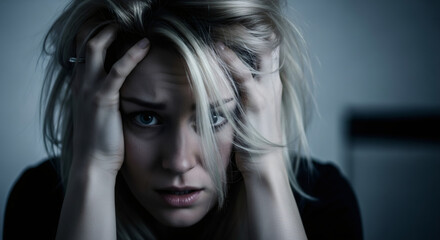 Fototapeta premium Woman experiencing stress, upset or headache. Concept of mental health issue, anxiety, or emotional pain. Dark mood for awareness.