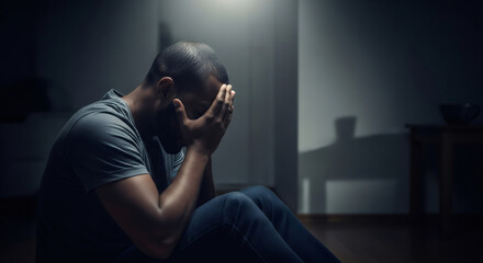 Lonely african american man sitting on floor in dark room with head in hands. Depression and mental health concept.