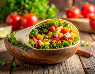 Colorful vegetable wrap on wooden plate