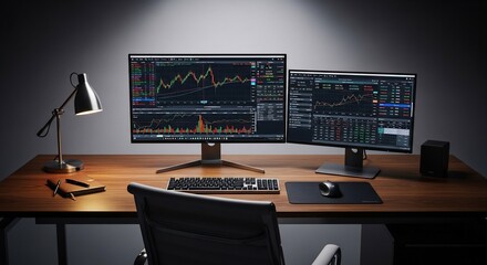 Modern Workstation with Dual Monitors for Financial Analysis.