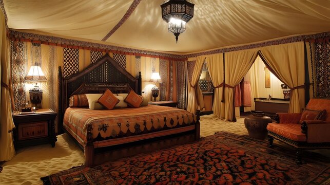 AI image: Sumptuous Bedchamber Interior with Ornate Bed Canopy Lighting and Textured D?cor for