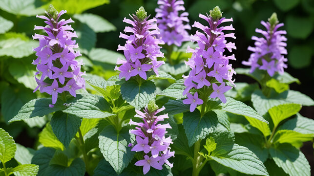 Beautiful patchouli plants blooming in a lush green garden during springtime displaying vibrant purple flowers