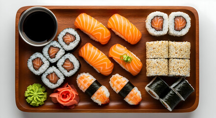 A top-down view of a wooden tray filled with a variety of sushi and sashimi, including salmon nigiri, maki rolls, and soy sauce.