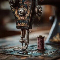"Close-Up of Antique Sewing Machine with Needle and Thread Detail"
