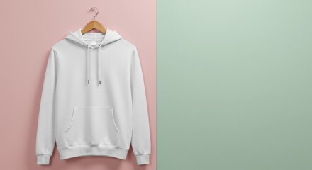 hoodie mockup displayed on a wooden hanger against a modern pastel two-tone pink and green wall background. Clean, empty copy space perfect for product branding, fashion 