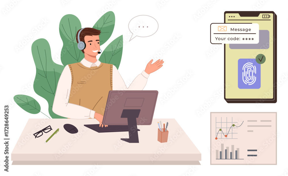 Aufkleber customer service agent explaining authentication process computer monitor, mobile verification, char