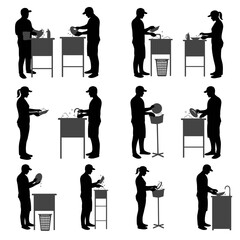 Silhouetted figures washing dishes at a sink, various poses and angles.