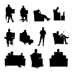 Silhouette collection depicting various individuals engaged in activities, using laptops and devices.