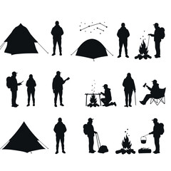 Silhouettes of camping activities, featuring tents, people, campfires, and various outdoor actions.