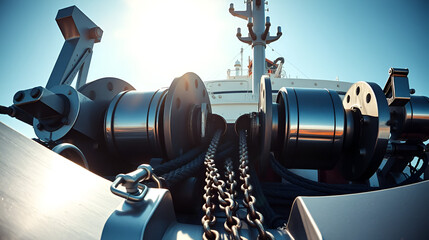 Close-up of gigantic winches and anchor chains on bow of oil tanker, metallic surfaces blazing in sunlight