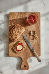 Artisan multigrain bread with strawberry jam and butter on wooden cutting board