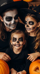 Father and two daughters in Halloween costumes, skull face paint, black attire, seated with pumpkins.  Spooky, family, festive image