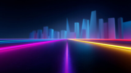 Futuristic cityscape with neon-lit roads in vibrant colors, featuring blurred skyscrapers under a dark sky, evoking a cyberpunk and high-tech urban atmosphere