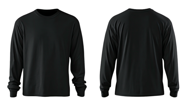 Front and back view of a plain black long-sleeve shirt