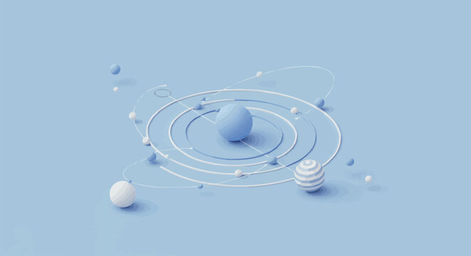Abstract 3D illustration of a central sphere with orbiting particles, representing a solar system or atomic structure on a blue background