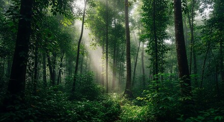 Fototapeta premium Sunlight filtering through lush green forest canopy creating ethereal light beams.