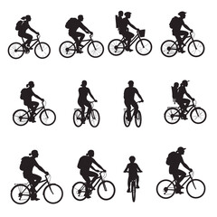 Silhouetted figures of people riding bicycles, some with backpacks, others carrying children.