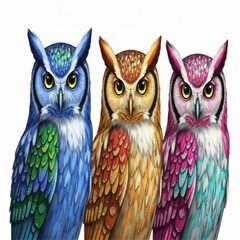 Three owls sitting on a branch