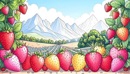 Vibrant strawberries frame a picturesque mountain valley strawberry farm