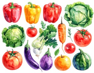 Colorful watercolor illustration of various fresh vegetables
