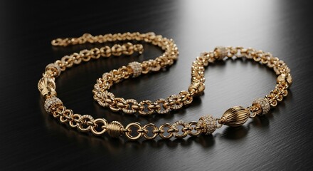 Fototapeta premium Two Gold Tone Chains with Gemstones, Elegant Jewelry Design, Luxurious Accessory, Fashionable Necklaces, Exquisite Detailing.