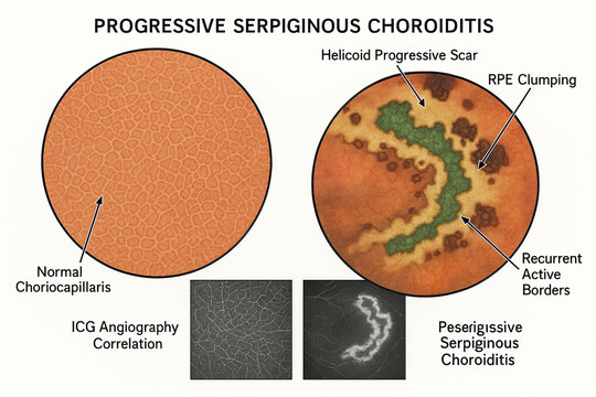 Medical illustration comparing normal choriocapillaris with serpiginous choroiditis, showing key features and ICG angiography correlation.