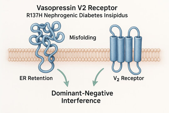 Illustration depicting the mechanism of Vasopressin V2 Receptor R137H mutation causing Nephrogenic Diabetes Insipidus, showing ER retention and dominant-negative interference.