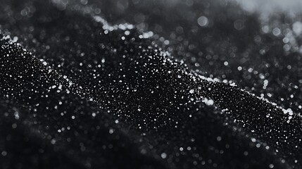 Closeup view of sparkling white particles on a dark, textured surface