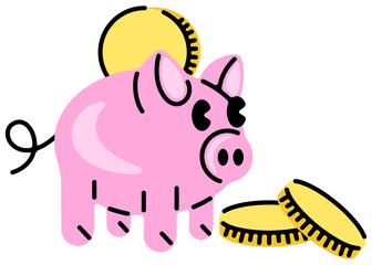 Piggy bank, piglet, pig, finance and coin. Financial, accumulation, deposit, investment and saving, illustration