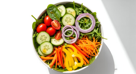 A vibrant overhead view of a fresh salad bowl filled with colorful vegetables like cherry tomatoes, cucumber slices, red onion rings, shredded carrots, and bell peppers.