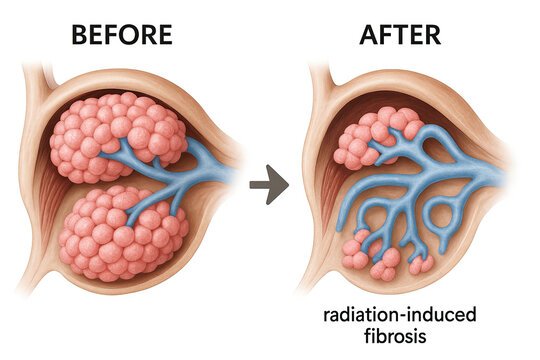 Medical illustration comparing lung alveoli before and after radiation-induced fibrosis.