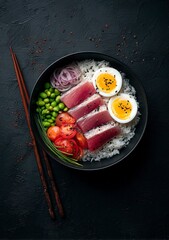 Vibrant Japanese sashimi tuna platter with fresh rice, colorful vegetables, and perfectly cooked eggs, a delicious and healthy meal presentation for culinary inspiration.