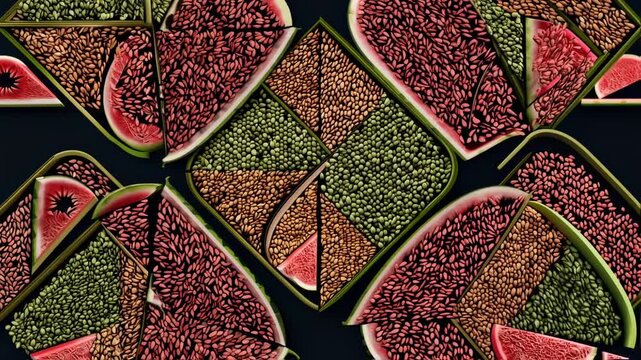 Watermelon slices,  patterned with various seeds, forming a design on a dark background